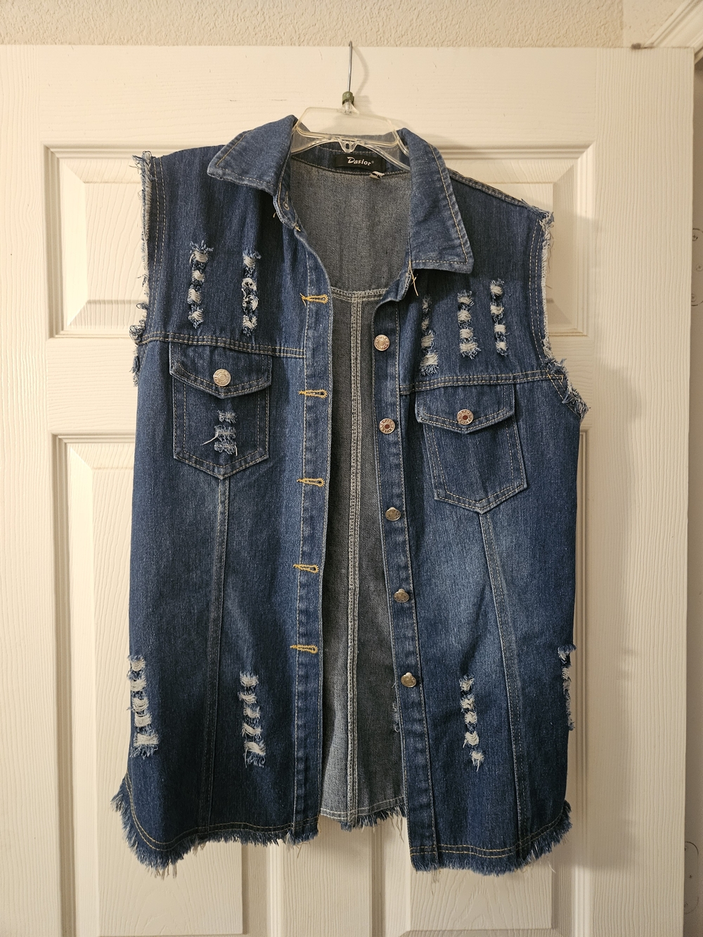 Distressed Dark Blue Denim Vest - Sleeveless Jacket
